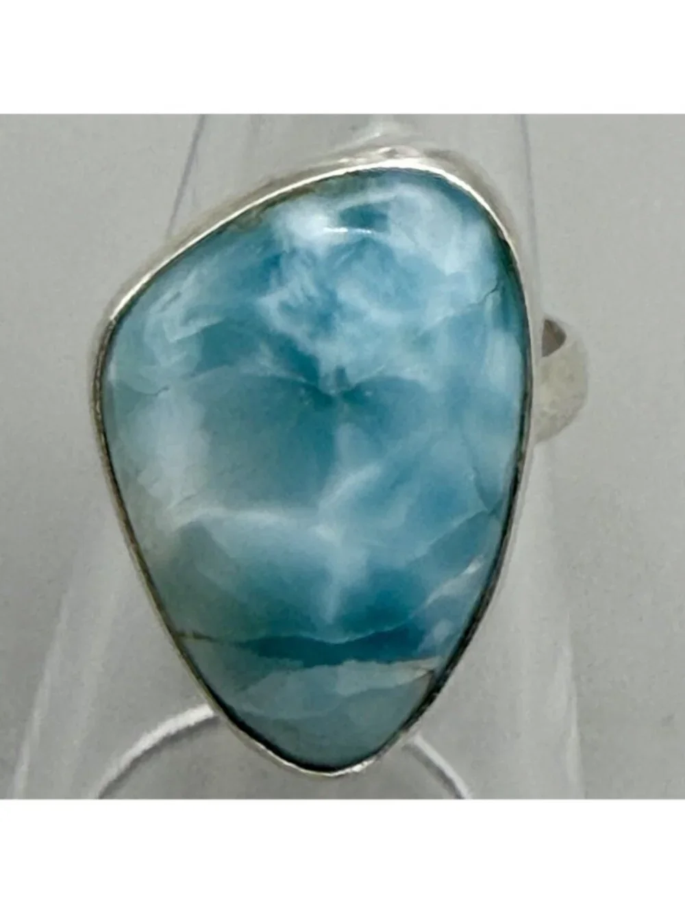 Larimar Large Freeform Cabochon Ring Caribbean Blue Sterling Silver Size 7